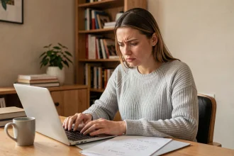 Femme concentrée rédigeant une annonce de location sur son ordinateur portable dans un bureau à domicile bien organisé
