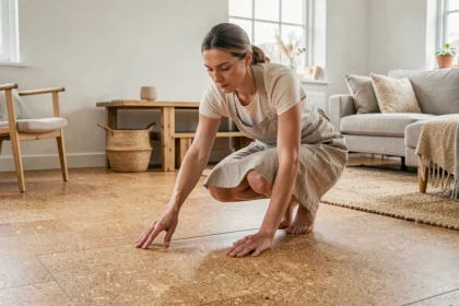 Femme inspectant un revêtement de sol en liège naturel dans un salon scandinave rénové avec des matériaux écologiques