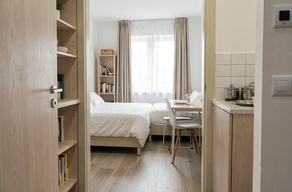 Studio meublé prêt pour état des lieux avec mobilier conforme aux exigences de la loi Alur pour location meublée