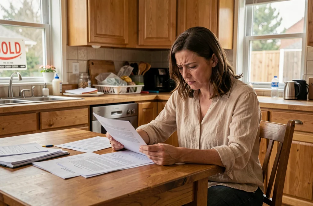 Propriétaire particulière stressée lisant des documents juridiques à la maison après une vente immobilière litigieuse
