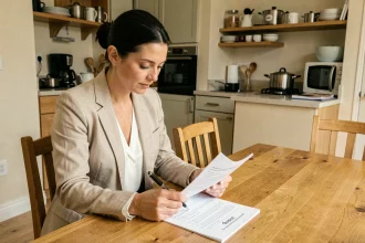 Femme vérifiant une liste de mobilier obligatoire pour location meublée conforme loi Alur dans un appartement équipé