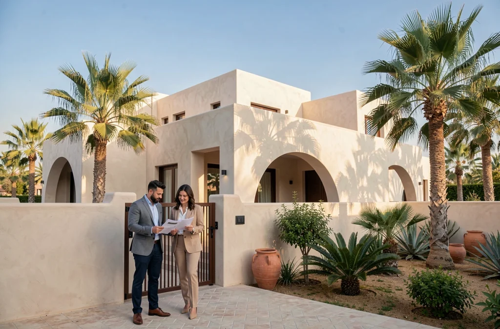 Villa de luxe à la Palmeraie de Marrakech avec couple d'investisseurs étrangers visitant la propriété à l'extérieur
