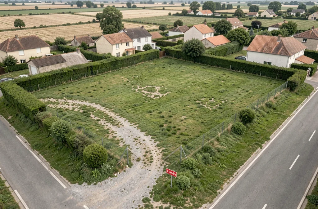 Vue aérienne d'une parcelle de terrain à vendre en périphérie urbaine française avec panneau immobilier et maisons environnantes