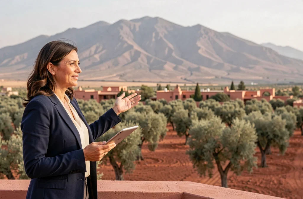 Agente immobilière présentant une villa à vendre à Marrakech avec vue sur les montagnes de l'Atlas en arrière-plan