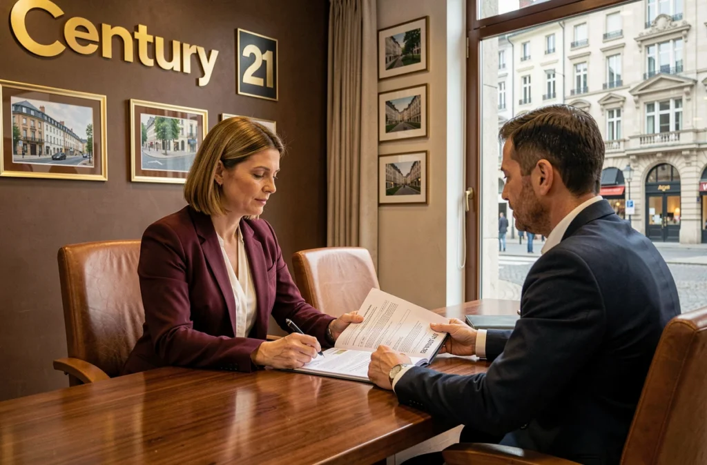 Conseillère Century 21 Victor Hugo Grenoble en réunion avec un client dans l'agence, avec la signalétique dorée de la franchise en arrière-plan