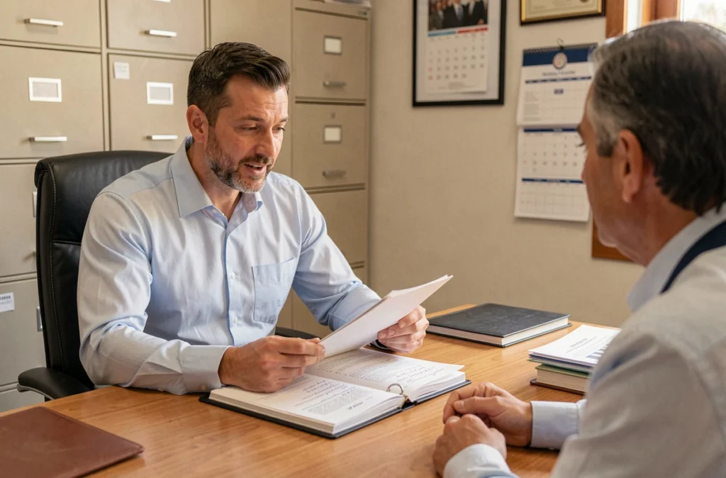 Un courtier de CFP Courtage étudie un dossier de financement immobilier avec un client dans son bureau