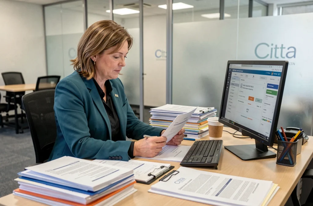 Gestionnaire immobilière de Citya Audras et Delaunois examinant un contrat de gestion locative à son bureau dans une agence professionnelle