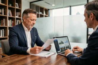 Un conseiller en gestion de patrimoine et son client examinent des documents fiscaux et immobiliers dans un bureau privé moderne