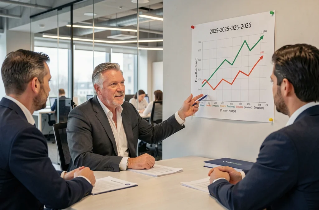 Conseiller immobilier présentant des graphiques de tendances du marché 2026 à des clients dans une agence moderne, pour accompagner une décision d'achat ou de vente