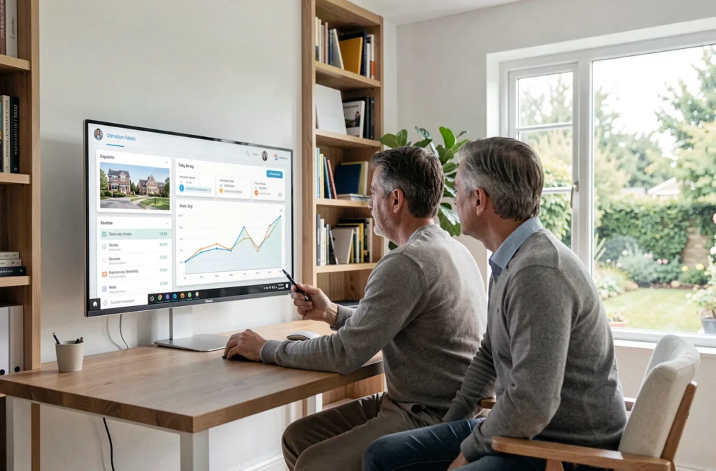 Un couple consulte une plateforme numérique de gestion de patrimoine et d'optimisation fiscale depuis leur bureau à domicile