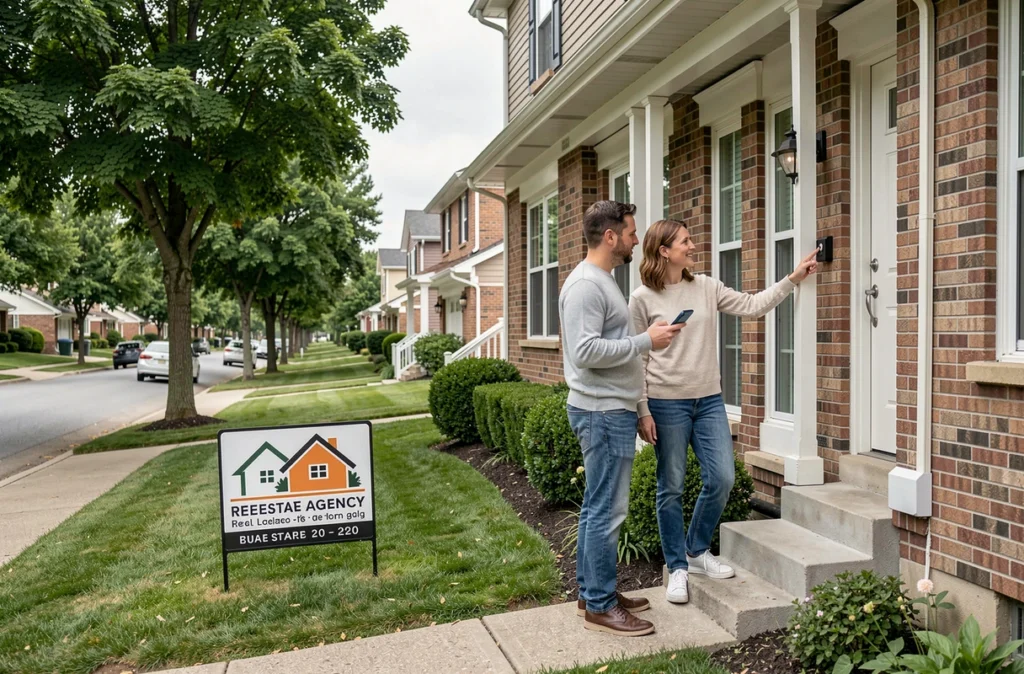 Couple examinant une maison à vendre avec panneau d'agence immobilière et consultation d'annonces sur smartphone, dans une rue résidentielle paisible