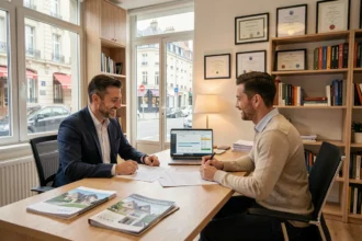 Un couple consulte un courtier en prêt immobilier dans une agence moderne en Indre-et-Loire