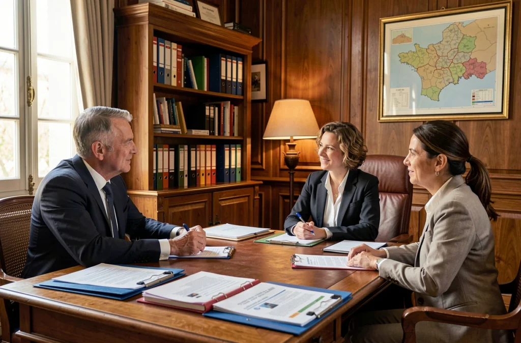 Un conseiller du Crédit Social des Fonctionnaires de Tours conseille un couple de fonctionnaires pour leur prêt immobilier
