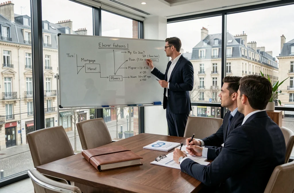 Un conseiller en patrimoine de Deletang Finance Et Patrimoine présente un plan de financement immobilier à un client