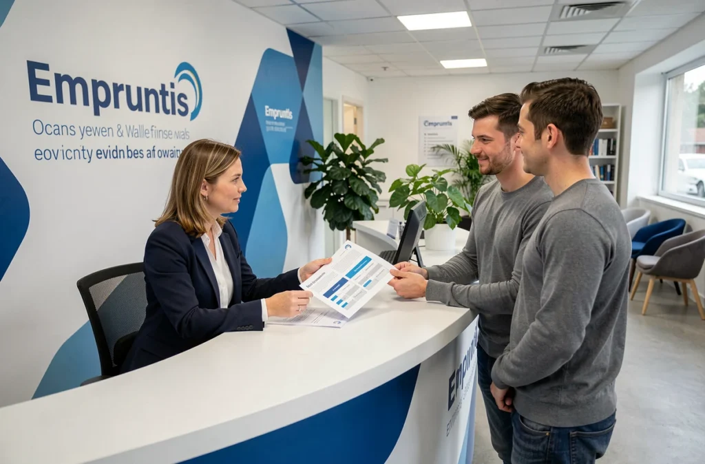 Une conseillère Empruntis de Tours présente des comparatifs de prêt immobilier à des clients dans l'agence