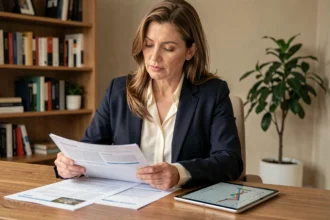 Femme consultant des rapports immobiliers et des données de marché sur tablette dans un bureau à domicile moderne, pour une décision d'achat ou de vente en 2026