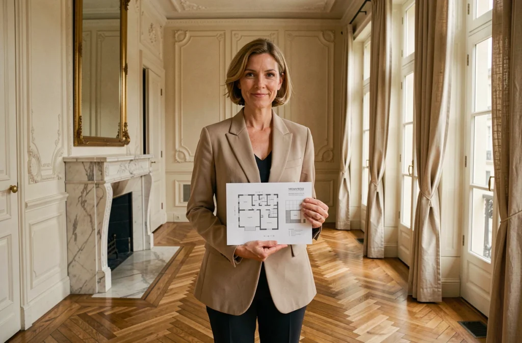 Une femme consulte un dossier immobilier dans un appartement haussmannien rénové illustrant la gestion de patrimoine privé