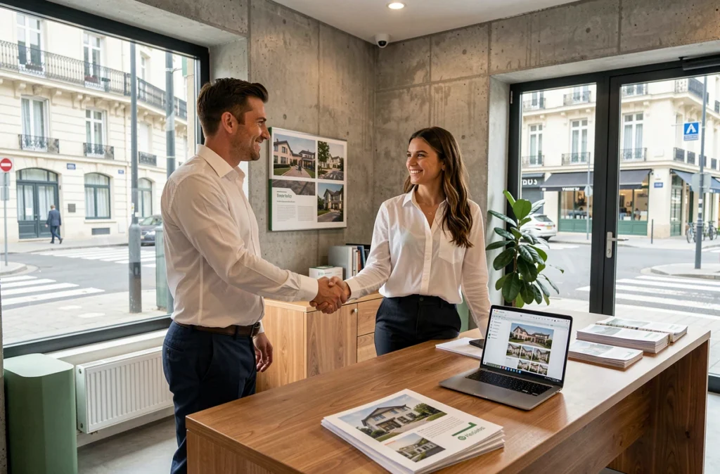 Conseiller immobilier du Groupe H Immo serrant la main d'un couple de clients dans une agence moderne et lumineuse
