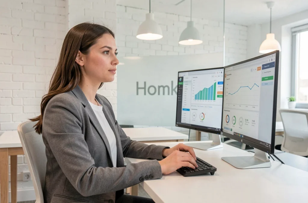 Conseillère de l'agence digitale Homki travaillant sur une plateforme de vente immobilière en ligne dans un espace moderne et épuré