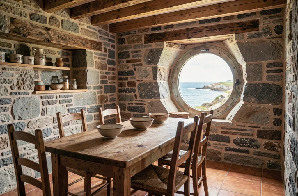 Intérieur rénové d'une maison de pêcheur en Bretagne avec vue sur la mer par une fenêtre hublot et poutres en chêne apparentes
