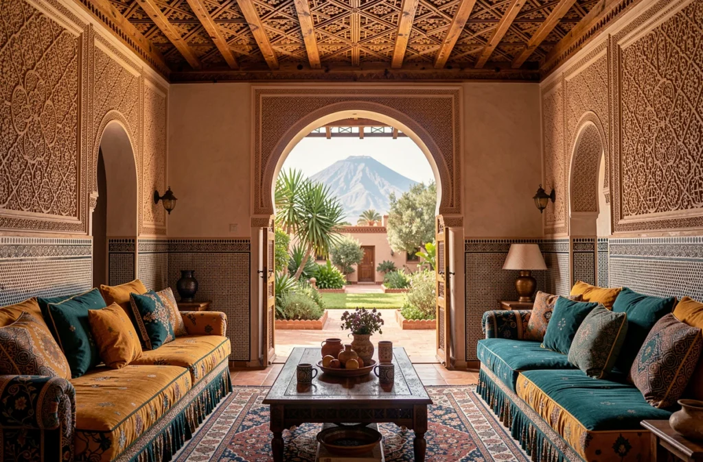 Intérieur de riad marocain de luxe à Marrakech avec salon traditionnel en zellige et vue sur les montagnes de l'Atlas depuis une arche ouverte