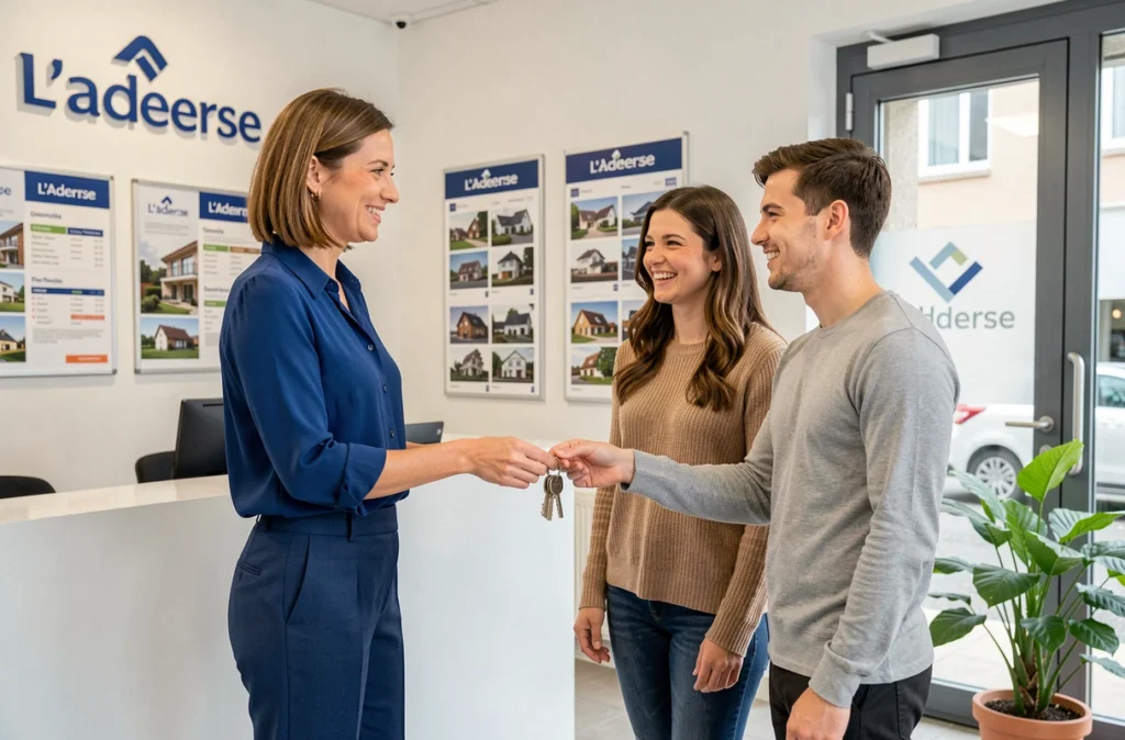 Agente de L'Adresse Grenoble remettant les clés d'un bien immobilier à un jeune couple heureux dans l'agence franchisée