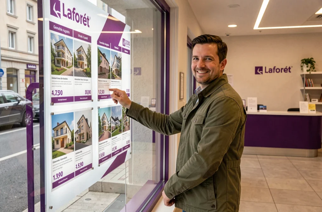 Agent immobilier Laforêt Grenoble ajustant les annonces dans la vitrine de l'agence avec le branding violet caractéristique de la franchise