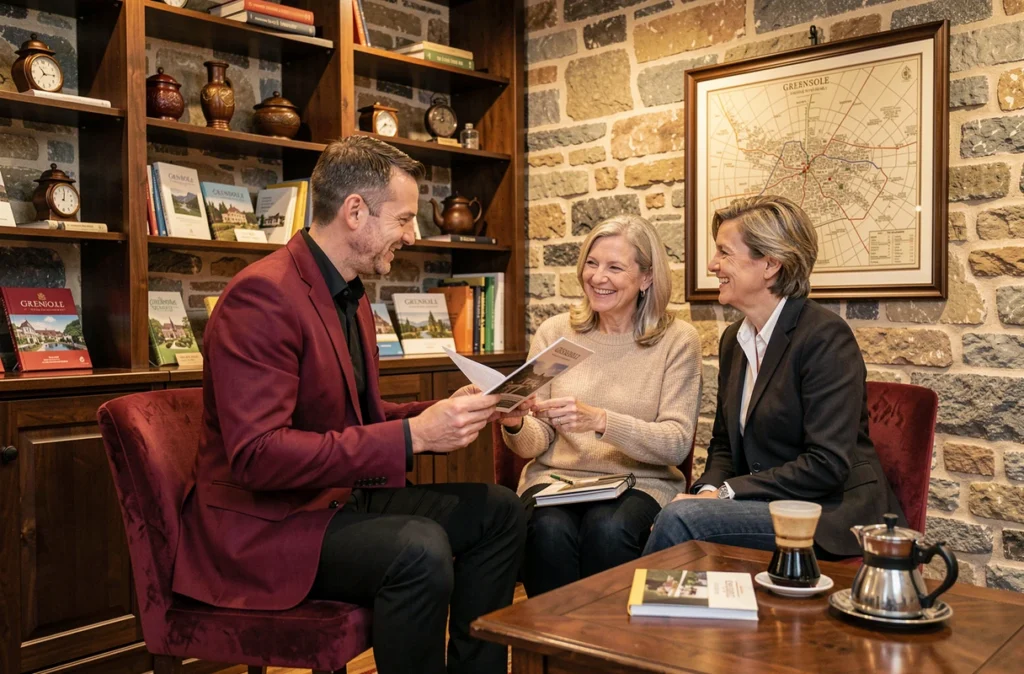 Agent du Rouge et le Noir Grenoble en veste rouge discutant d'une propriété avec un couple dans une agence boutique au décor chaleureux inspiré de Grenoble