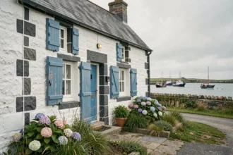 Maison de pêcheur bretonne à vendre avec vue mer, façade en pierre blanche et volets bleus typiques de la Bretagne