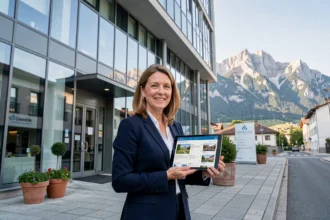 Agente immobilière professionnelle devant un immeuble moderne à Grenoble avec le massif du Vercors en arrière-plan, illustrant les meilleures agences immobilières en Isère