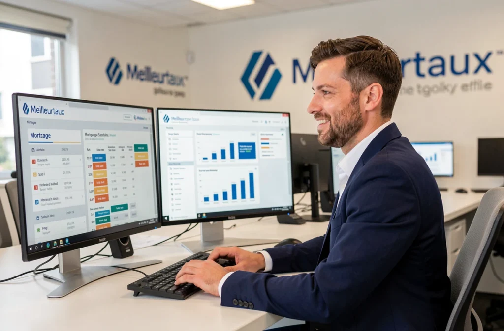 Un conseiller Meilleurtaux compare des offres de prêt immobilier sur ordinateur dans une agence moderne