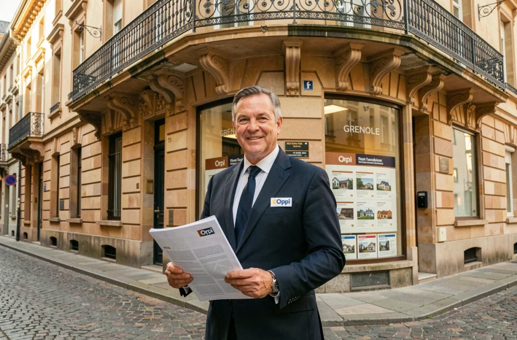 Agent Orpi Grenoble en costume devant un immeuble haussmannien du centre-ville, présentant des documents de vente immobilière