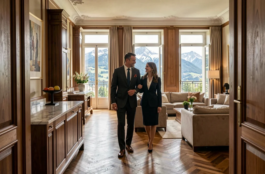 Conseiller de Prestige Transaction Grenoble faisant visiter un appartement haut de gamme avec vue sur le massif de Belledonne à un couple élégant