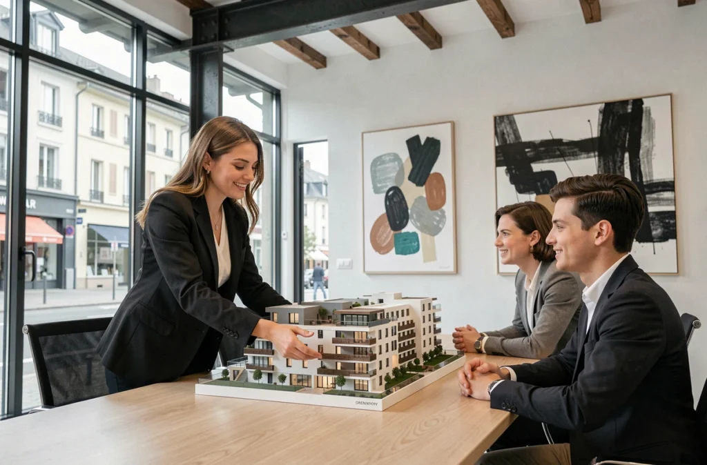 Consultante de Seven Immobilier Grenoble présentant une maquette architecturale à un couple dans une agence moderne au design contemporain