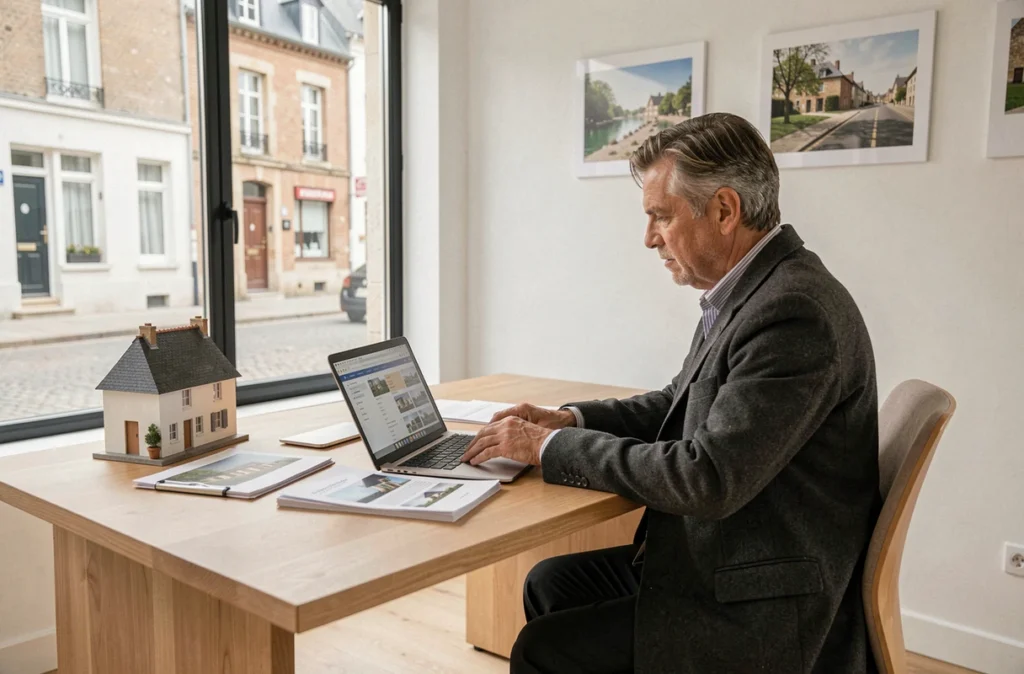 Agent immobilier en agence immobilière moderne dans le Finistère, consultant des annonces sur ordinateur