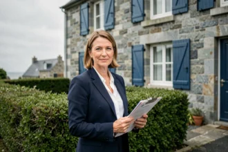 Agent immobilière professionnelle devant une maison en pierre bretonne dans le Finistère